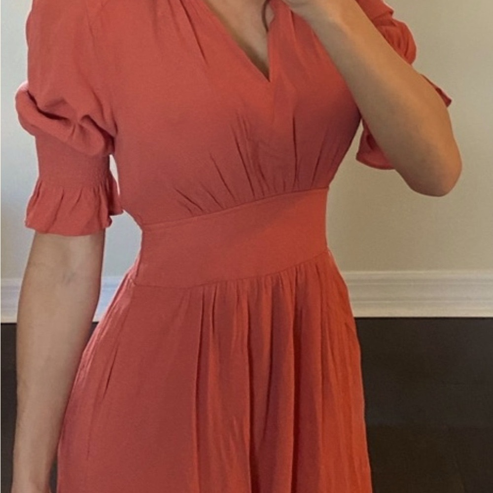 MELLODAY Coral Orange V neck Retro Feminine Maxi Dress short puff sleeves Size S - Picture 2 of 4